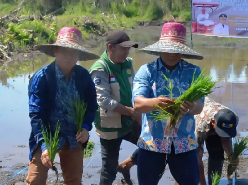 Wakil Ketua I DPRD Seruyan, Harsandi dan Wakil Bupati Seruyan, H. Supian pada acara Gerakan Tanam Pangan Serempak seluas 10.000 Hektar (Ha) yang dilaksanakan di Desa Halimaung Jaya, Kecamatan Seruyan Hilir Timur, Kamis (9/4). Foto: FB Publikasi Legislatif Seruyan.
